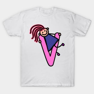 Letter V for girls alphabet Kids Colorful Cartoon Character T-Shirt